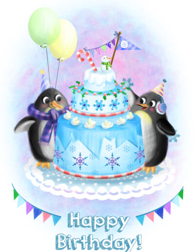 dolci auguri- illustration greetings - inverno, nord, pinguini, torta di ghiaccio